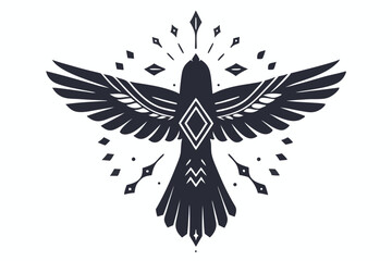Ornate stylized bird soars majestically, adorned with diamonds and unique markings in black silhouette