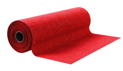 3D render shows a roll of vivid crimson textile with exposed fibers