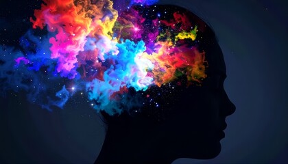 Human Silhouette with Colorful Cosmic Nebula Brain
