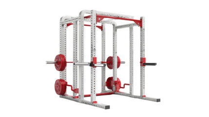 Professional Power Rack with Red Weight Plates on white background