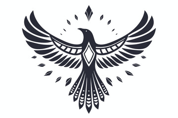 Obraz premium Stylized raven soars with spread wings accompanied by falling leaves and diamond shape accents