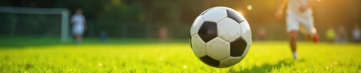 Fototapeta premium Action shot of a soccer ball in mid-air during a dynamic game, grass field, bright sunlight, dynamic movement, intense competition, energy, speed, excitement , athleticism, sportsmanship, fitness