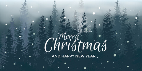 Merry Christmas and happy new year banner. Forest, shadow, text. Vector illustration