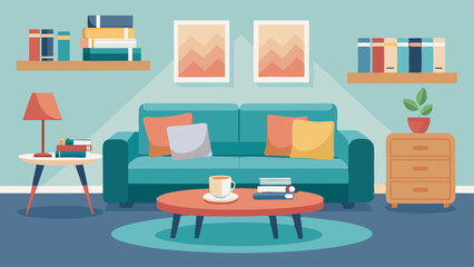 A comfortable lounge area with soft couches and a coffee table stacked with magazines and newspapers.