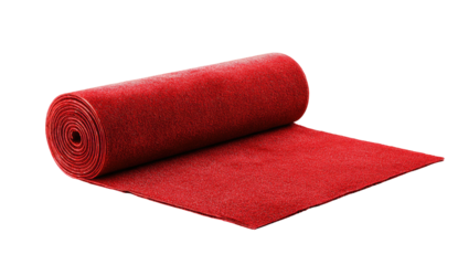 Rolled-up crimson carpet unfurling on a black background, showcasing a textured, vibrant fabric