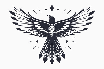 Monochromatic stylized eagle spreads out its detailed wings, adorned with diamonds and feathers
