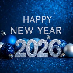 Holiday display with "Happy New Year 2026" text and ornaments