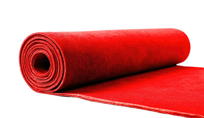 Rolled-up red carpet, unrolled, isolated on black. Texture visible in close-up view
