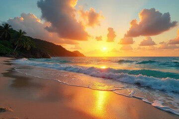 Fototapeta premium Golden sunset over a pristine Costa Rican beach, soft sand, turquoise waves gently lapping the shore Perfect tropical escape, idyllic scenery , landscape, serenity, summer
