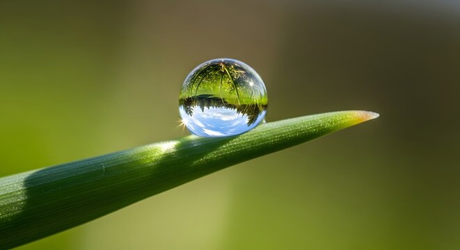 Stunning macro view captures a perfect water droplet reflecting a vibrant summer landscape on a lush green blade, showcasing nature's beauty.