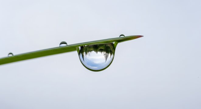 Tiny dewdrop on blade of grass perfectly reflects majestic forest and sky, capturing nature's stunning miniature world - Powered by Adobe