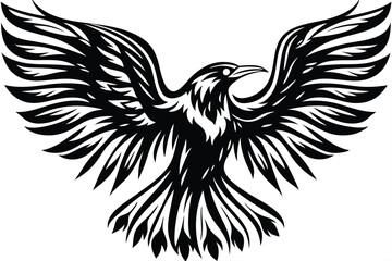 Striking raven spreads its intricately designed stylized wings in a bold monochrome silhouette against white