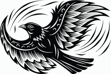 Stylized eagle soars with patterned feathers against a white backdrop, showcasing dynamic movement