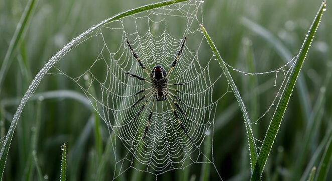 Stunning spiderweb adorned with morning dew droplets glistens in soft natural light amidst lush green grass blades