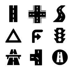 Set of road infrastructure icons featuring tunnel, bridge, traffic light and other
