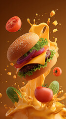 Dynamic Cheeseburger Explosion Featuring Melted Cheese Sauce and Fresh Crisp Vegetables made with generative AI