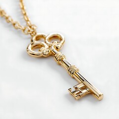 Detailed Golden Key Pendant with Chain on Clean White Background Studio Shot
