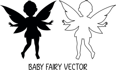 Baby fairy silhouette vector, fairy outline art, angel black symbol