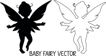 Baby fairy silhouette vector, fairy outline art, angel black symbol