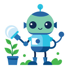 Cute Robot Watering Plants Vector Icon on White Background – Colorful Flat Icon, Gardening, Smart Home, AI Technology, Apps, Websites, and UI Design