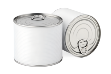 White tin food can with a blank label and pull tab lid, isolated on a transparent background. Perfect for packaging design mockups, branding presentations, canned food product visuals, or advertising 