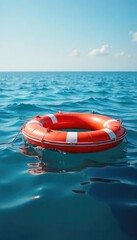 A brightly colored life raft bobbing gently on calm ocean waves, partially submerged, suggesting a recent rescue or safe arrival , marine, maritime