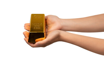 Hands holding a gold bar, isolated on a transparent PNG. This concept is suitable for themes such as gold trading, business, finance, investment, the stock market, wealth, lifestyle and advertising.