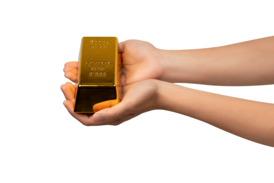 Hands holding a gold bar, isolated on a transparent PNG. This concept is suitable for themes such as gold trading, business, finance, investment, the stock market, wealth, lifestyle and advertising. - Powered by Adobe