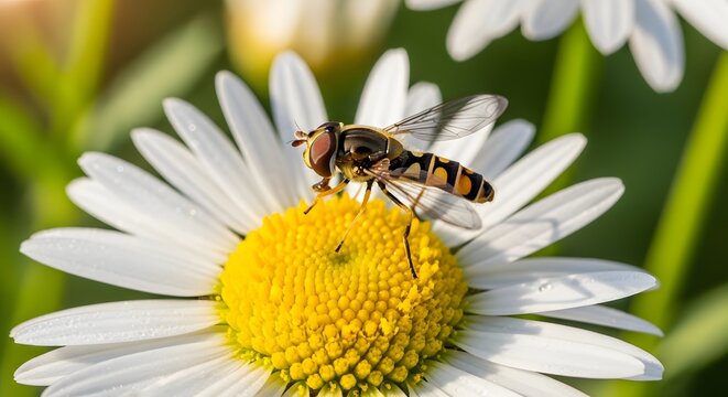 Vibrant hoverfly rests on a sunlit daisy petal, showcasing intricate detail and delicate nature's beauty with a shallow depth of field. - Powered by Adobe