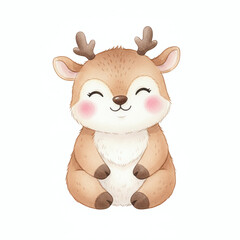 Fototapeta premium Charming watercolor painting of a baby deer with gentle eyes and rosy cheeks. Ideal for woodland nursery art, kids’ decor, and animal illustrations.