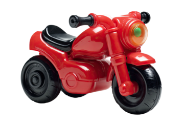 A small plastic toy motorcycle, bright red with black accents. It sits alone on a white background