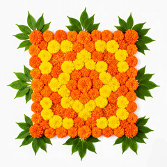 Traditional Indian Flower Rangoli with Marigold Flowers and Green Leaves on White Background – Festive Decoration for Diwali and Celebrations