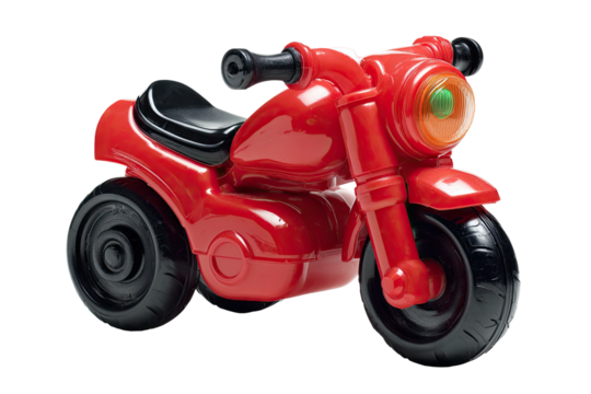 A small plastic toy motorcycle, bright red with black accents. It sits alone on a white background