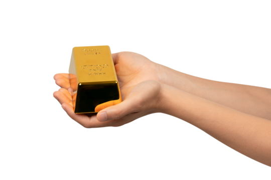 Hands holding a gold bar, isolated on a transparent PNG. This concept is suitable for themes such as gold trading, business, finance, investment, the stock market, wealth, lifestyle and advertising.