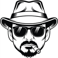 Silhouette depicts an outlined face with a fedora and sunglasses, smoking a cigar
