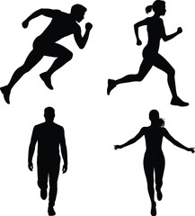 Running and walking silhouettes, athletic movement, black figures, dynamic posture, white background, minimal design, fitness concept, body mechanics, sports activity, motion study
