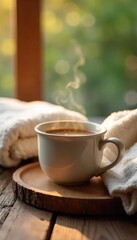 A steaming mug rests on a warm, wooden surface next to soft, fluffy towels; the scene evokes feelings of comforting warmth and tranquility , wellness, quiet