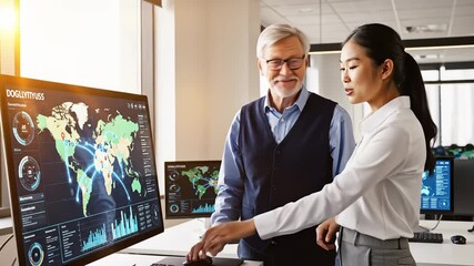 Diverse Colleagues Analyze World Map Data on Computer Screen - Powered by Adobe