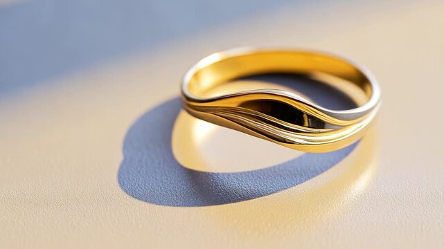 A close-up view of a ring sitting alone on a table, with no other objects in the scene