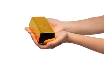 Hands holding a gold bar, isolated on a transparent PNG. This concept is suitable for themes such as gold trading, business, finance, investment, the stock market, wealth, lifestyle and advertising.
