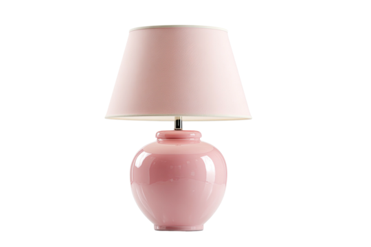 Elegant, glossy pink ceramic table lamp with a tapered light-colored lampshade against a dark background