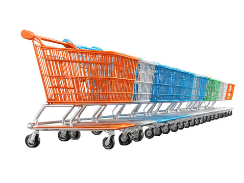 A line of colorful empty shopping carts arranged neatly in a row against a black background - Powered by Adobe