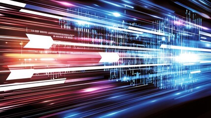 Abstract high-speed data flow background showing rapid acceleration and movement with glowing blue and red light trails.