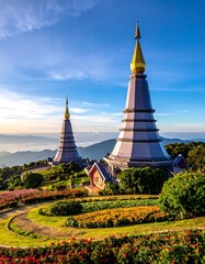 Two tall, tiered pagodas with gold spires sit atop a mountain with floral landscaping, under a bright blue sky. The misty horizon fades into the distance