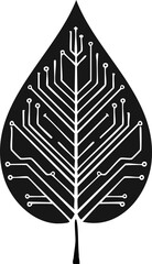 Solid black leaf silhouette with subtle circuit texture AI sustainability concept isolated on white background, Abstract black leaf with digital circuit pattern eco technology vector, Futuristic AI 