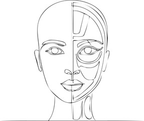 One continuous line drawing of a half-human, half-robotic face — minimalist vector illustration representing modern AI identity, human and artificial intelligence fusion concept