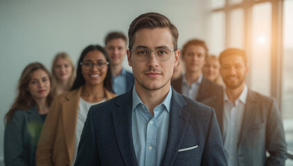 Obraz premium Visionario Joven Líder Empresarial Posando Frente a su Equipo Colaborativo en una Moderna Oficina Corporativa, Destacando el Éxito y la Confianza en el Mercado Actual.