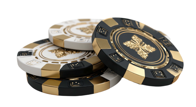 A close-up of four casino chips with a gold floral design on a black, white, and gold background