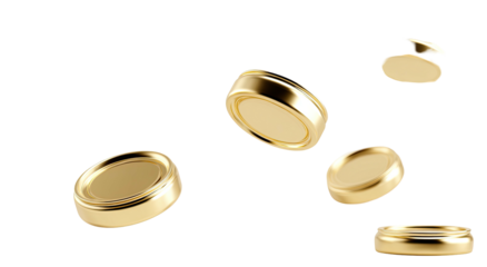 Gold coins float, appearing in a dynamic arrangement against a solid black background