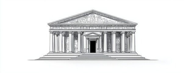 Minimalist sketch of an ancient greek or roman temple fa?ade, line on white background.